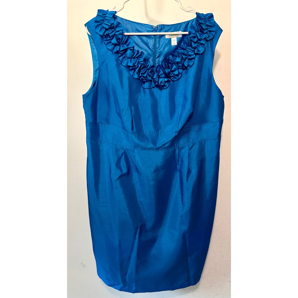 Dressbarn Womens 14 Blue Ruffle Neck Sleeveless Sheath Cocktail Dress RN66464